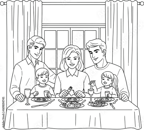 Vector art of family of five sitting at the table having dinner line art drawing