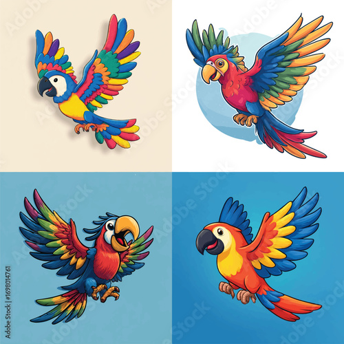 Vector art of four colorful cartoon macaws flying and perched