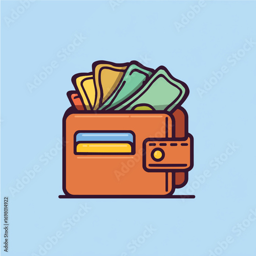Vector art of orange wallet filled with colorful banknotes on a light blue background