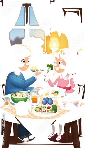 Vector art of children sharing food at the table during a meal at home