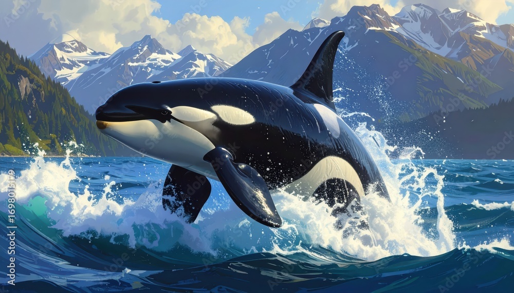 Obraz premium A majestic orca leaps gracefully through a vibrant body of water, a breathtaking display against a backdrop of snow-capped mountains and lush green forests.