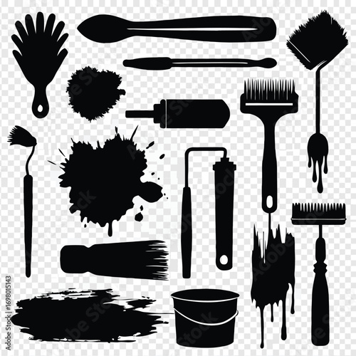 Collection of various painting tools and elements, including brushes, rollers, and paint splatters.
