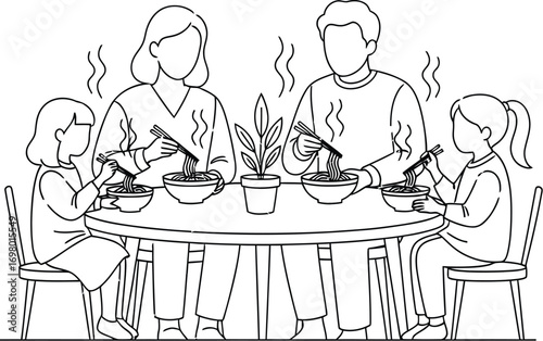 Illustration of a family having dinner at a round table