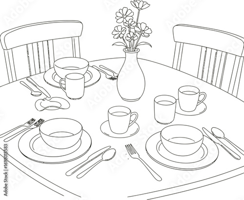 Vector art of sketch of a table setting for four