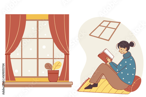 Person sitting on window seat with blanket, reading book while snow falling outside, vector illustration