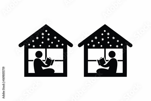 Person sitting on window seat with blanket, reading book while snow falling outside, vector illustration