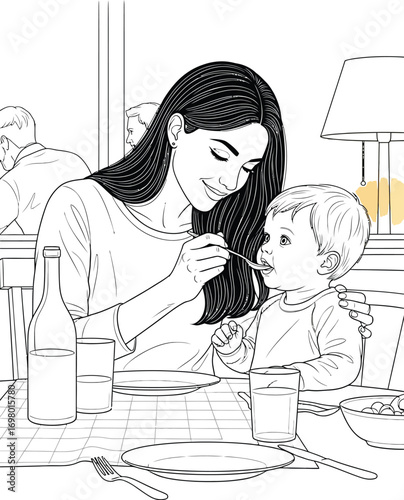 Vector art of mother feeding her baby at the table illustration