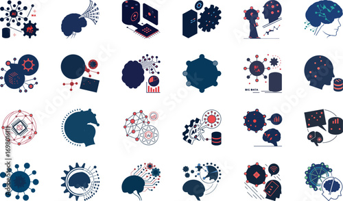 Human Head with AI, Neural Network, Robotics Arm, Cloud Computing, Machine Learning Chip, Data Analytics Dashboard, Chatbot, Digital Transformation, Futuristic Innovation, and Cyber Technology Illustr
