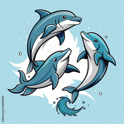 Three cheerful cartoon dolphins jumping and playing in blue ocean waves.