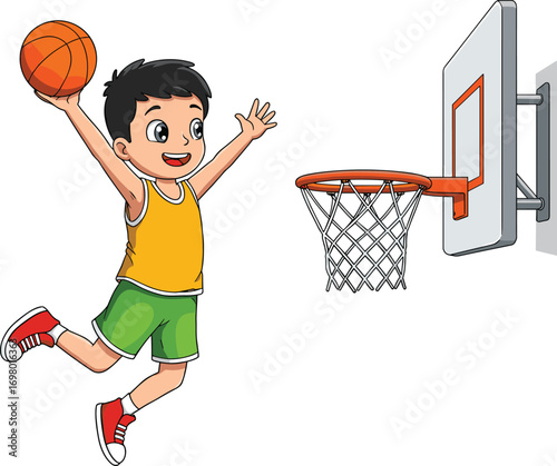 Cartoon boy basketball dunk, kid in yellow jersey, slam dunk jump, fun sports action, happy athlete, hoop play moment