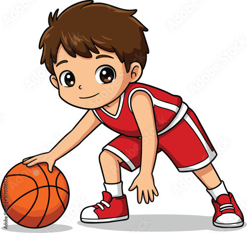 Cartoon boy playing basketball, kid dribbling ball, child in red jersey, fun sports activity, cute athlete, youth game
