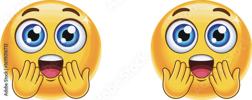 Surprised emoji face, amazed expression, happy shocked emotion, cartoon character reaction, excited emoji, wide eyes, open mouth, playful hands gesture, flat vector illustrati