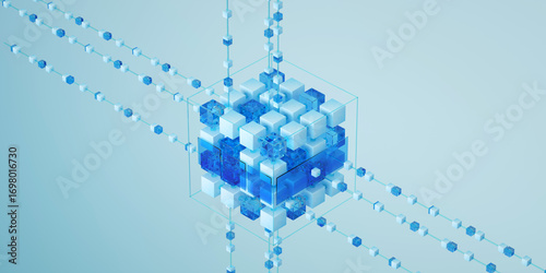3d render of technology, blockchain, data streaming, database, LLM, large language model, SLM, Small language model, binary, artificial intelligence, ai, integration. Abstract background