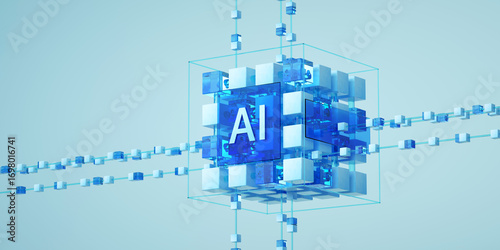 3d render of technology, blockchain, data streaming, database, LLM, large language model, SLM, Small language model, binary, artificial intelligence, ai,, integration. Abstract background