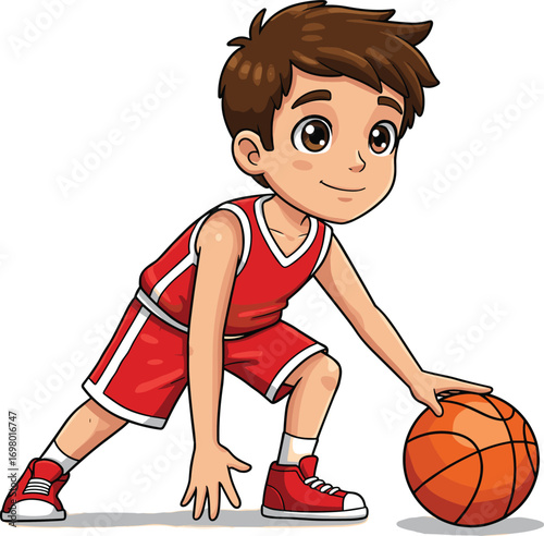 Cartoon boy playing basketball, kid dribbling ball, child in red jersey, fun sports activity, cute athlete, youth game