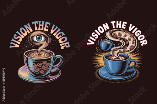 Coffee cup with eye and beans steam