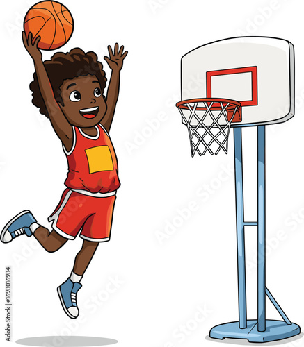 Cartoon boy slam dunk, child playing basketball, red jersey, hoop action, energetic jump, fun sports, happy kid, athletic play
