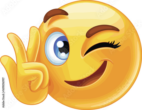 Winking emoji face showing okay hand sign, happy expression, playful smile, flirty eyes, funny cartoon emotion, flat vector illustration