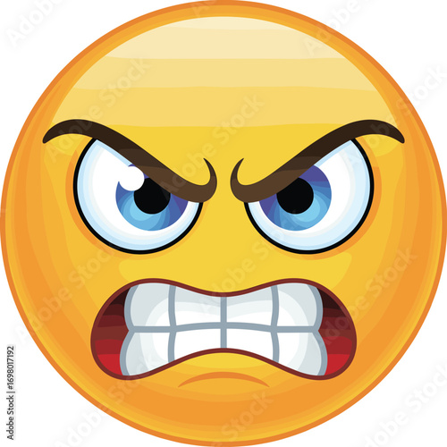 Angry emoji face with clenched teeth, furious expression, intense glare, frustration emotion, bold eyebrows, aggressive mood, yellow smiley, cartoon style, flat vector illustration