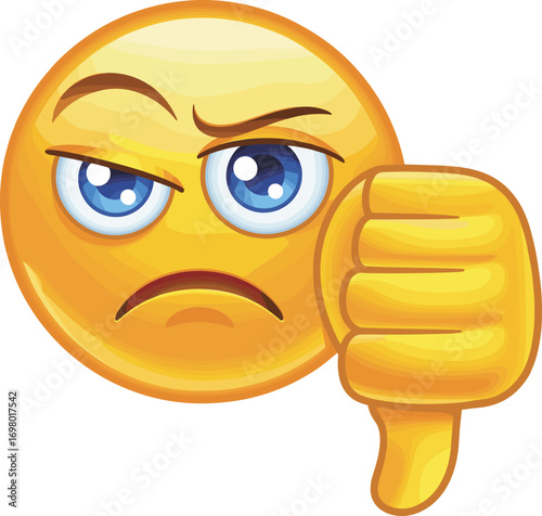 Angry emoji with serious face, thumbs down gesture, disapproval, frustration, disappointment, yellow smiley, cartoon character, negative feedback, unhappy expression, flat vector illustration