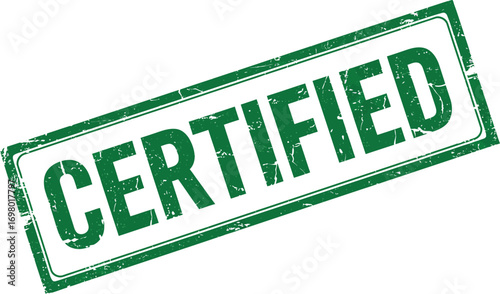 green certified stamp with grunge texture on transparent background