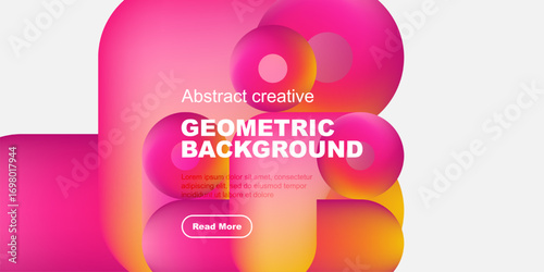 Vibrant abstract shapes overlap, creating dynamic composition. Text promotes geometric background design, includes call to action.