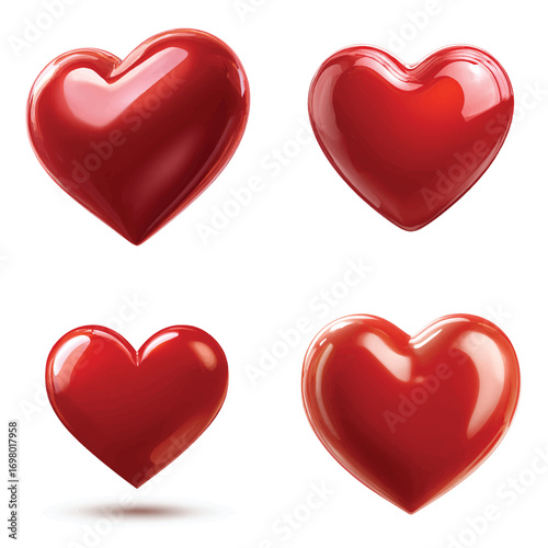 Vector art of four glossy red hearts