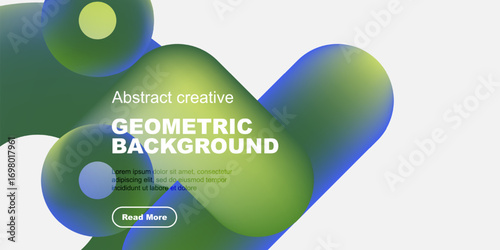 Abstract geometric background features vibrant green, blue hues. Text overlay promotes content with read more button. Modern design.