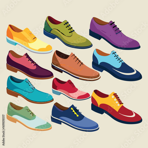 A vibrant collection of colorful classic men's dress shoes in an illustrative vector style.