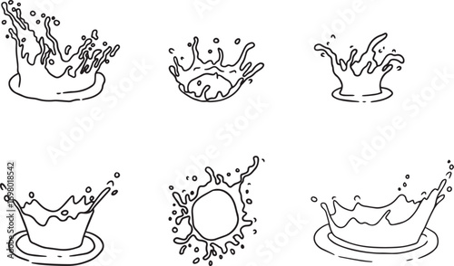 Water Splash Vector Line Illustration – Fluid Wave Motion, Liquid Droplet, and Splashing Outline Design Artwork