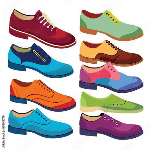 Collection of various colorful men's shoes, showcasing different styles and designs for footwear.