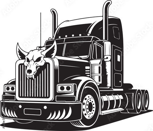 Black silhouette of a semi-truck with a menacing wolf skull on the grille tractor-trailer
