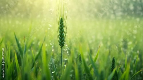 Water droplets irrigate a field of young wheat