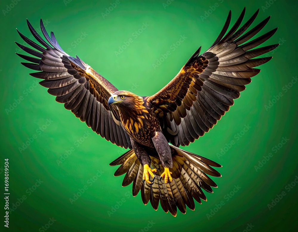 Obraz premium águila real (Aquila chrysaetos) en primer plano, volando con las alas extendidas y mostrando su envergadura imponente. Se aprecian en detalle las plumas marrones oscuras con tonos dorados en la cabeza