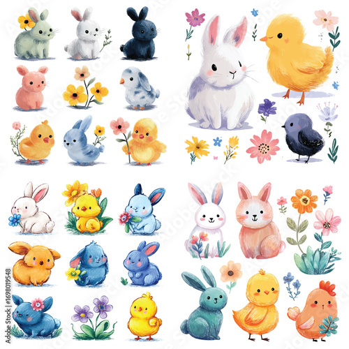 Vector art of cute easter bunny and chick illustrations