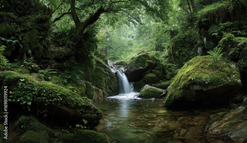 Lush, mossy forest stream cascade