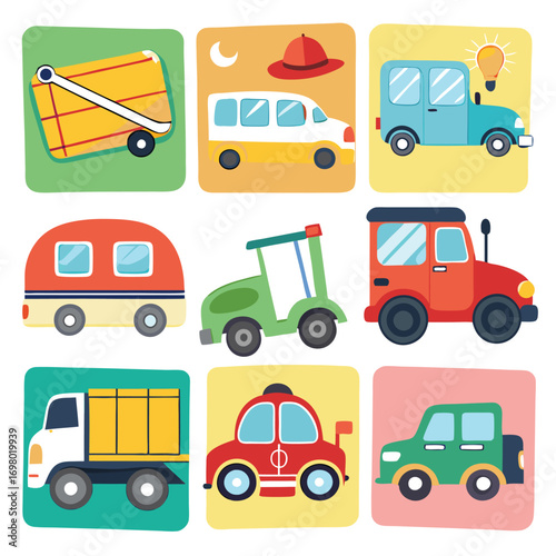 A colorful cartoon illustration featuring a variety of different vehicles on square backgrounds.
