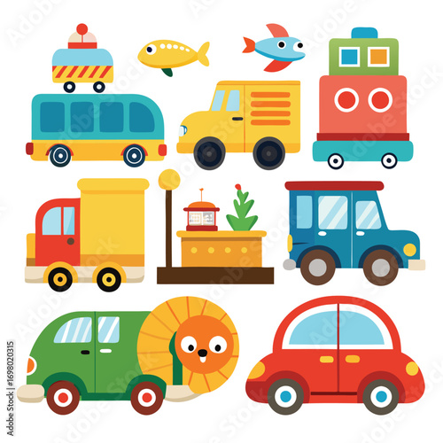 A vibrant collection of cartoon vehicles including cars, buses, trucks, and airplanes, along with a friendly lion character.