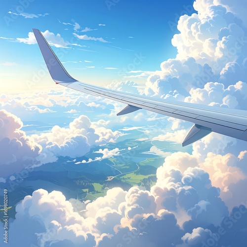High-angle view of airplane wing over clouds and landscape
