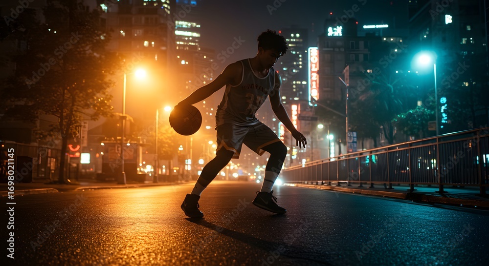Fototapeta premium Dynamic dribble action merged with glowing city lights at night
