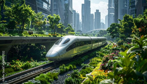 A futuristic high-speed train travels through a lush green urban landscape with skyscrapers in the background.