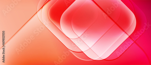 Abstract composition features overlapping squares, gradients. Red, orange hues dominate design. Smooth transitions create modern aesthetic.