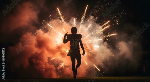 Football player silhouette filled with celebration smoke and pyrotechnics