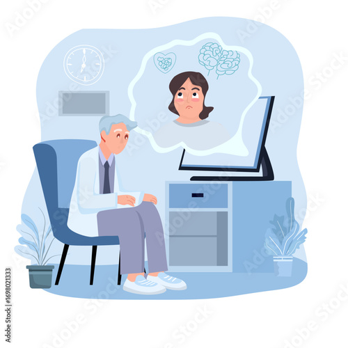 Telemedicine Consultation with Elderly Patient Vector Illustration Mental Health Consultation Details