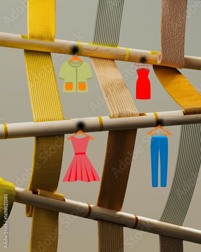 Creative Clothes Display Featuring Garments Hanging on Textured Strands