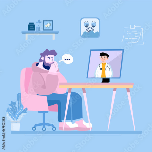 Vector illustration of online mental health consultation between doctor and patient.