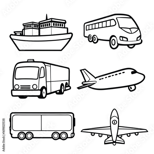 Outlined illustrations of various modes of transportation including a boat, buses, and airplanes.