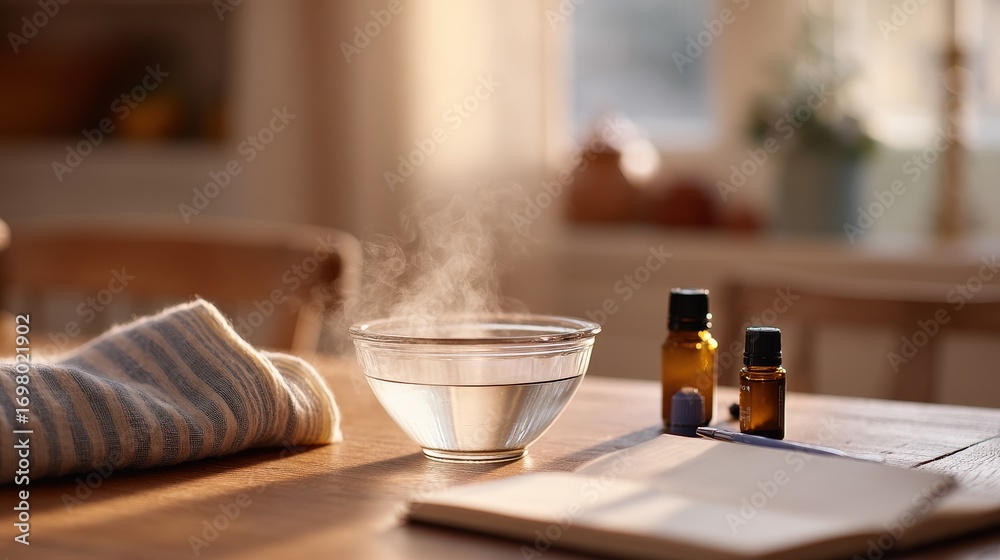 custom made wallpaper toronto digitalStill life of steam inhalation tools with eucalyptus and lavender essential oils, bowl of hot water, towel and handwritten label “Lung Detox”, neutral clean background, Selective Focus, Copy Space