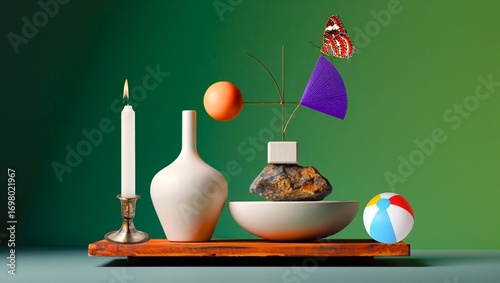 Modern Still Life with Candle Butterfly and Geometric Shapes on Green Background