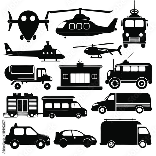 A collection of black silhouette icons depicting various modes of transport including airplanes, helicopters, cars, trucks, and a small building.